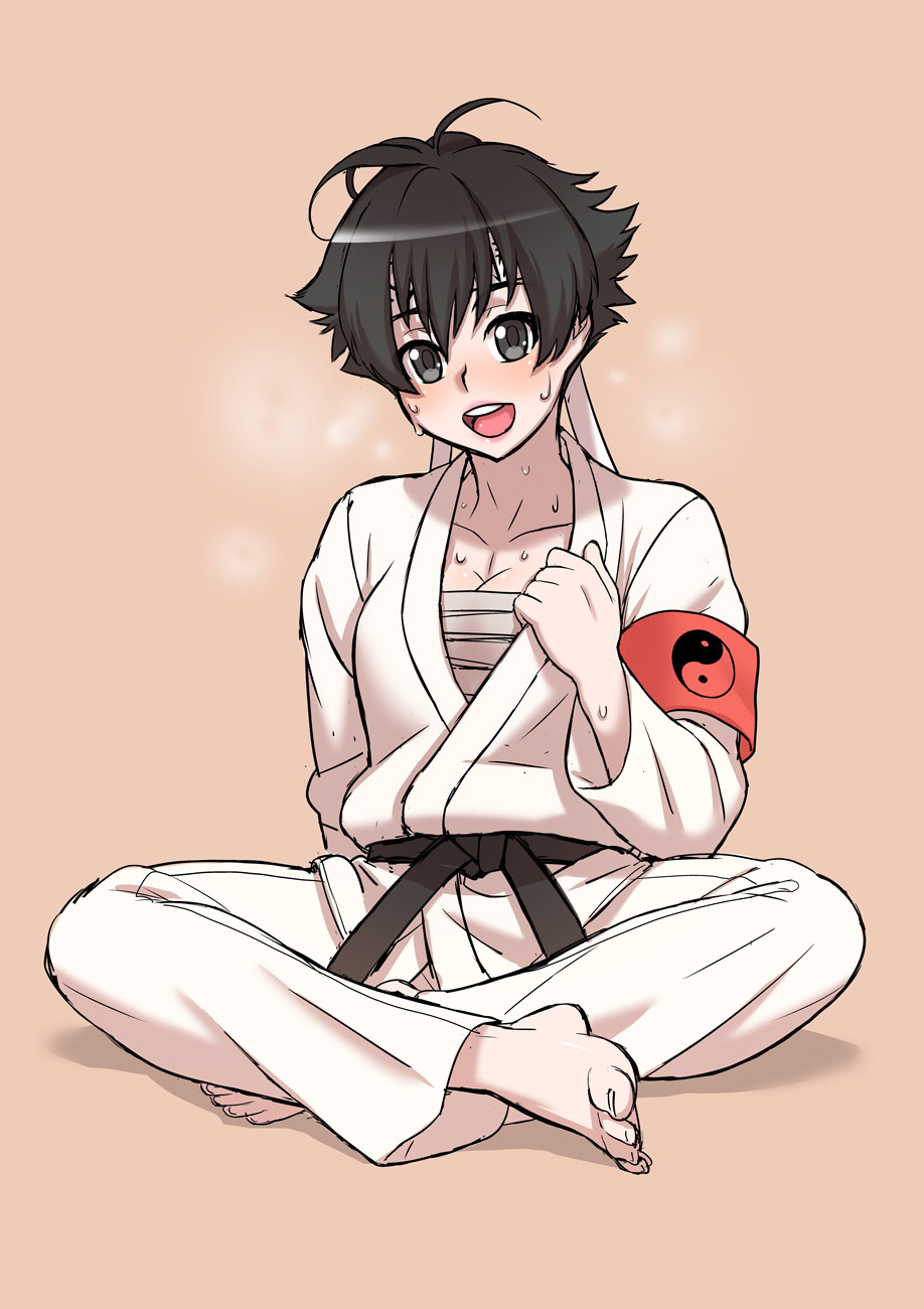 1girl armband barefoot belt black_belt black_eyes black_hair breasts budo_masuta budo_matsuda cleavage dougi genderswap genderswap_(mtf) headband highres karate_gi kjech martial_arts_belt open_mouth sarashi sitting sweat yandere_simulator
