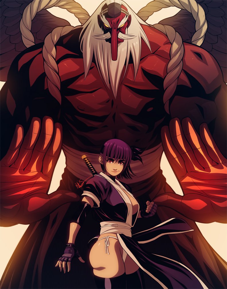 1girl ayane_(doa) bankotsubo_(doa) beard breasts cleavage colored_skin cosplay dead_or_alive exmile facial_hair giant kasumi_(doa) kasumi_(doa)_(cosplay) large_breasts muscular muscular_male ninja ninja_gaiden panties pointy_nose purple_hair red_skin short_hair short_sleeves sword tecmo tengu thick_thighs thighhighs thighs topless_male underwear weapon