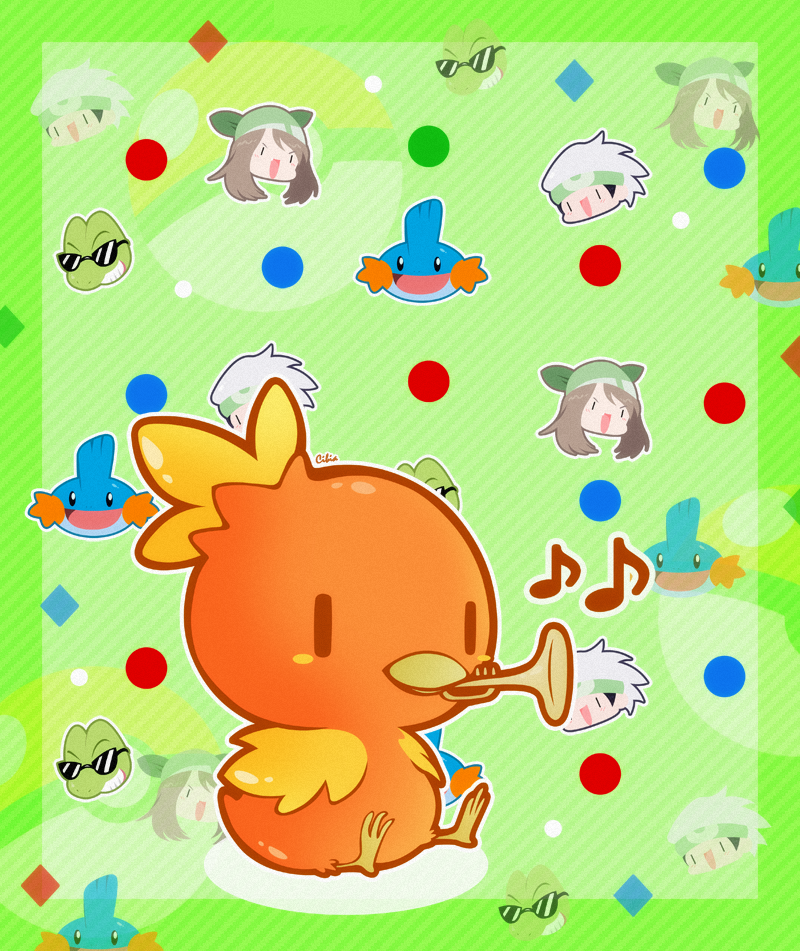 brendan_(pokemon_emerald) cibia commentary creature gen_3_pokemon instrument may_(pokemon) may_(pokemon_emerald) music nintendo playing_instrument pokemon pokemon_(creature) pokemon_rse solo_focus torchic trumpet