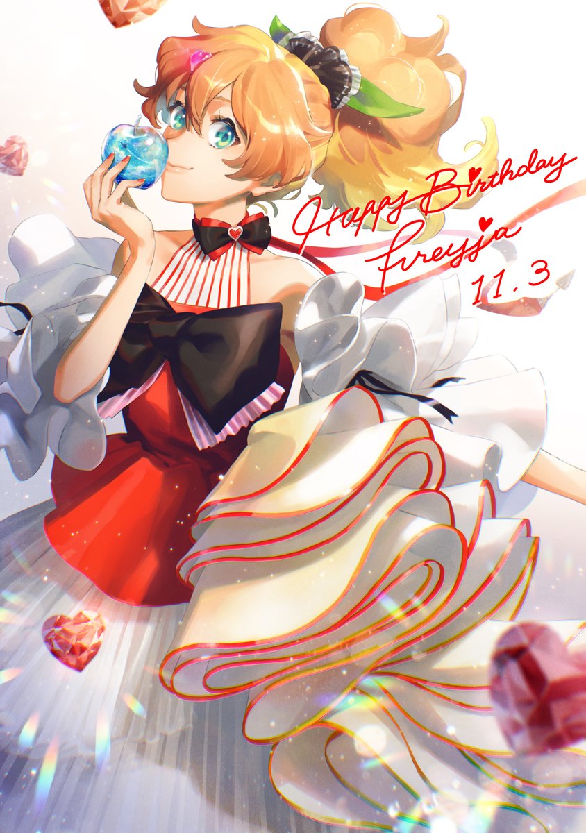 1girl alternate_costume alternate_hairstyle apple aqua_eyes character_name crystal_apple dated food freyja_wion fruit hair_ornament happy_birthday heart heart_hair_ornament highres holding holding_food holding_fruit looking_at_viewer macross macross_delta mosako nail_polish orange_hair ponytail solo