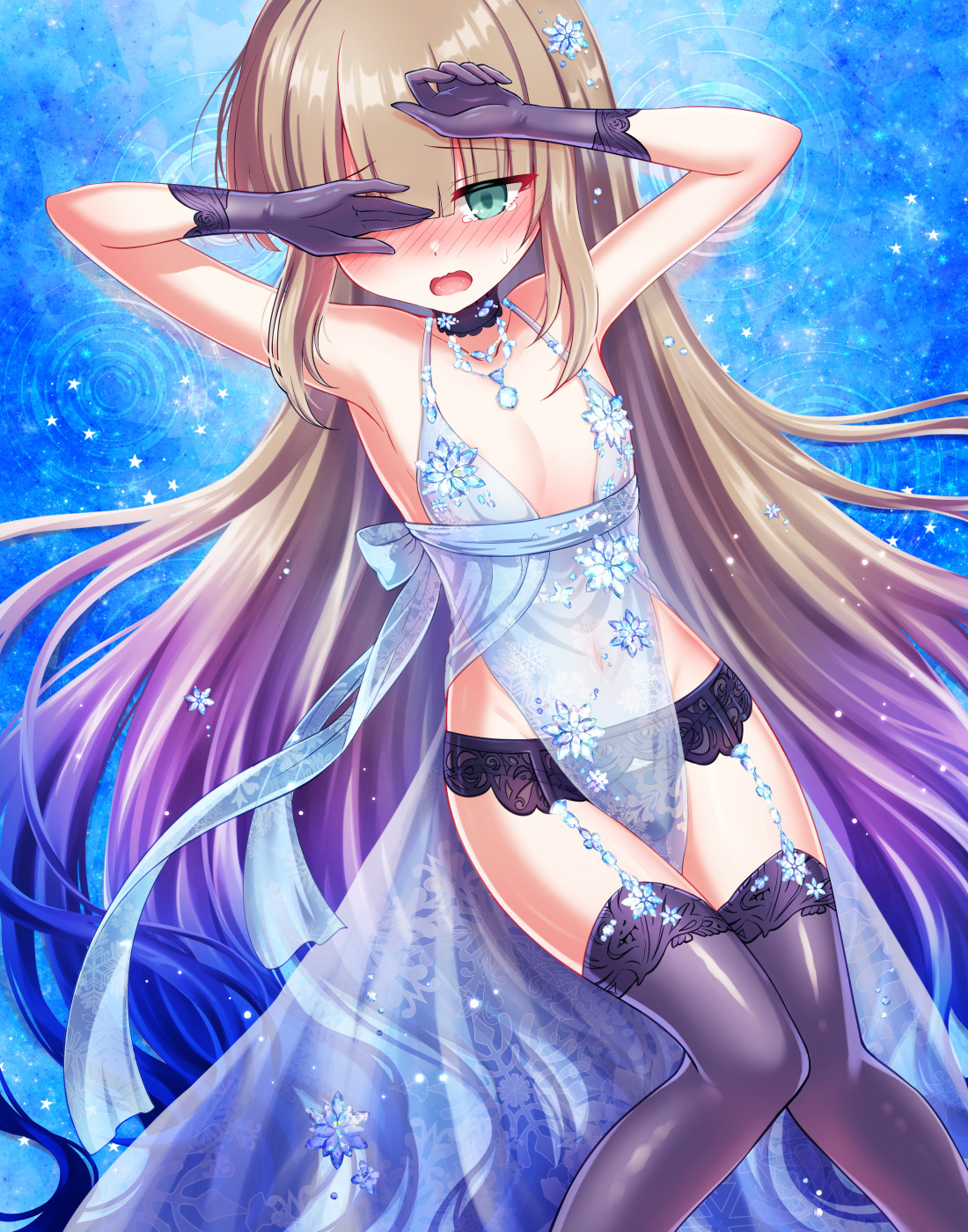 1boy alternate_hairstyle artoria_pendragon_(lancer_alter)_(fate) artoria_pendragon_(royal_icing)_(fate) artoria_pendragon_(royal_icing)_(fate)_(cosplay) babydoll black_gloves black_panties black_thighhighs blue_babydoll blue_hair blush captain_nemo_(fate) choker cosplay crossdressing fate/grand_order fate_(series) garter_belt gloves gradient_hair green_eyes hair_down highres jewelry light_brown_hair long_hair male_focus multicolored_hair necklace nemo_(fate) nose_blush panties revealing_clothes see-through_clothes shell_ocean snowflake_print solo thighhighs trap underwear very_long_hair