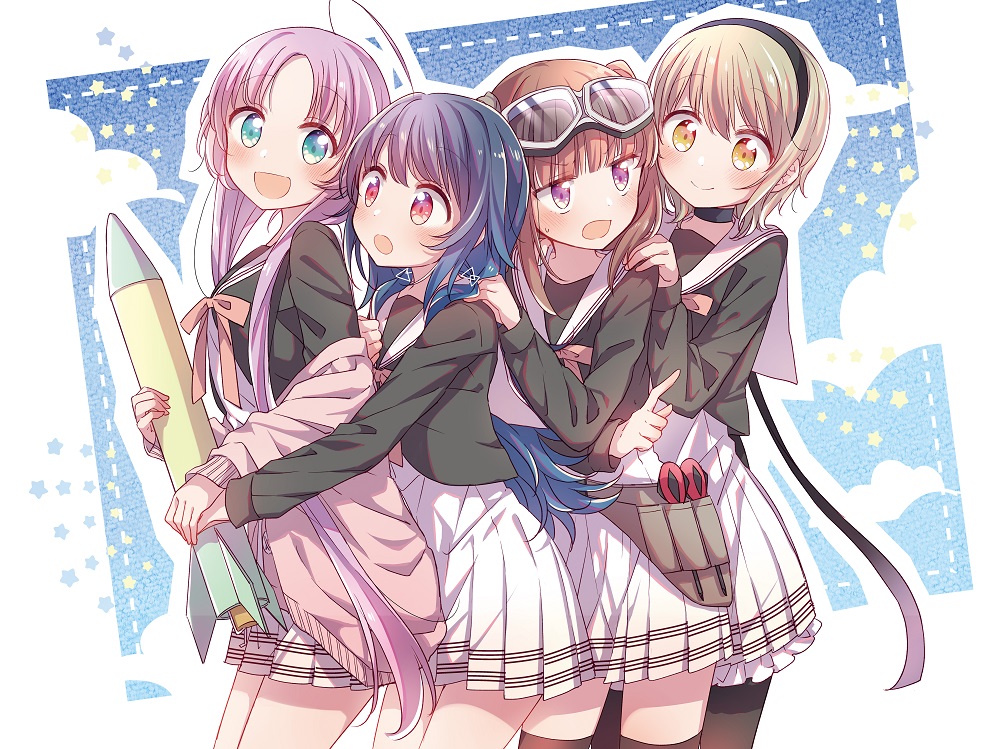 4girls :d :o ahoge akeuchi_yuu aqua_eyes black_choker black_hairband black_jacket black_pantyhose black_thighhighs blonde_hair blue_hair blunt_bangs blush cardigan choker closed_mouth conga_line cowboy_shot cropped_jacket dot_nose dress fujinomisaki_school_uniform goggles goggles_on_head hair_ornament hairband holding_hands holding_rocket hoshikuzu_telepath human_chain jacket konohoshi_umika light_brown_hair long_hair long_sleeves looking_at_another looking_at_viewer medium_hair multiple_girls neck_ribbon official_art ookuma_rasuko open_mouth pantyhose parted_bangs pink_cardigan pink_ribbon pleated_dress purple_eyes purple_hair raimon_matataki red_eyes ribbon rocket sailor_jacket school_uniform screwdriver serafuku short_dress short_hair smile star_(symbol) sweat swept_bangs takaragi_haruno thighhighs tool_belt triangle_hair_ornament twintails two_side_up v-shaped_eyebrows very_long_hair white_dress yellow_eyes