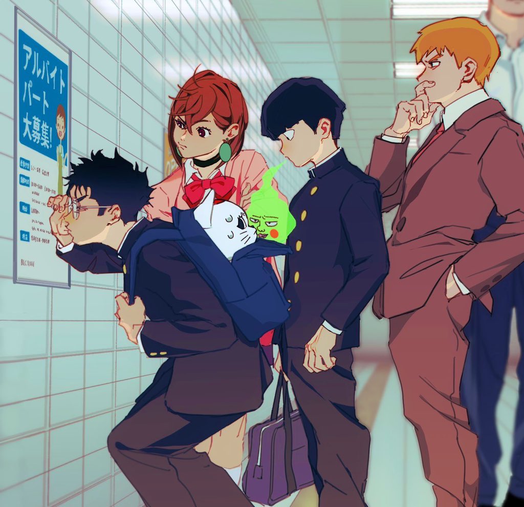 1girl 3boys ayase_momo backpack bag black_choker black_hair black_jacket black_pants blonde_hair blurry blurry_background bow bowtie brown_eyes brown_hair brown_jacket brown_pants ceiling ceiling_light choker closed_mouth collared_shirt commentary_request crossover dandadan ekubo_(mob_psycho_100) feet_out_of_frame gakuran glasses hair_between_eyes hallway hand_in_pocket hand_on_own_chin indoors jacket kageyama_shigeo long_sleeves medium_hair mob_psycho_100 multiple_boys pants pink_bow pink_bowtie pink_sweater power_connection raised_eyebrow reading reigen_arataka school_bag school_uniform shirt short_hair siotomato slice_of_life squinting standing stroking_own_chin suit_jacket sweat sweater takakura_ken_(dandadan) the_exit_8 tile_ceiling tile_wall tiles turbo_granny_(dandadan) white_shirt