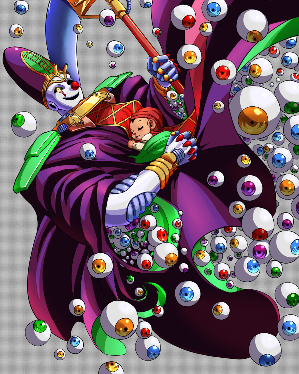 2boys baby clown dark_skin dark-skinned_male death_13 eyeball hat highres jojo_no_kimyou_na_bouken kamiura mannish_boy multiple_boys scythe slown stand_(jojo)