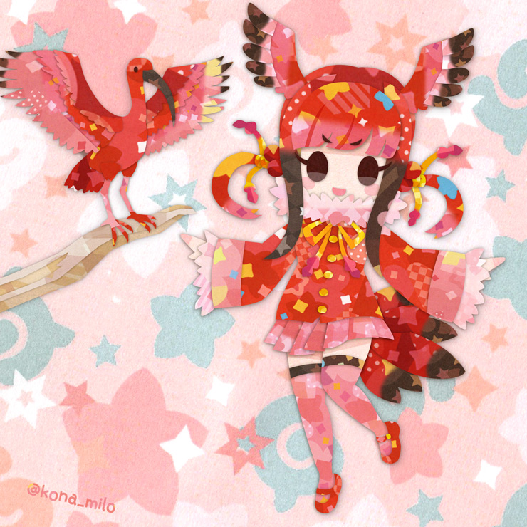 1girl animal bird bird_girl bird_tail bird_wings black_eyes feathered_wings head_wings jacket japari_symbol kemono_friends kikuchi_milo long_hair looking_at_viewer pink_background red_hair scarlet_ibis_(kemono_friends) shoes simple_background skirt tail thighhighs wings