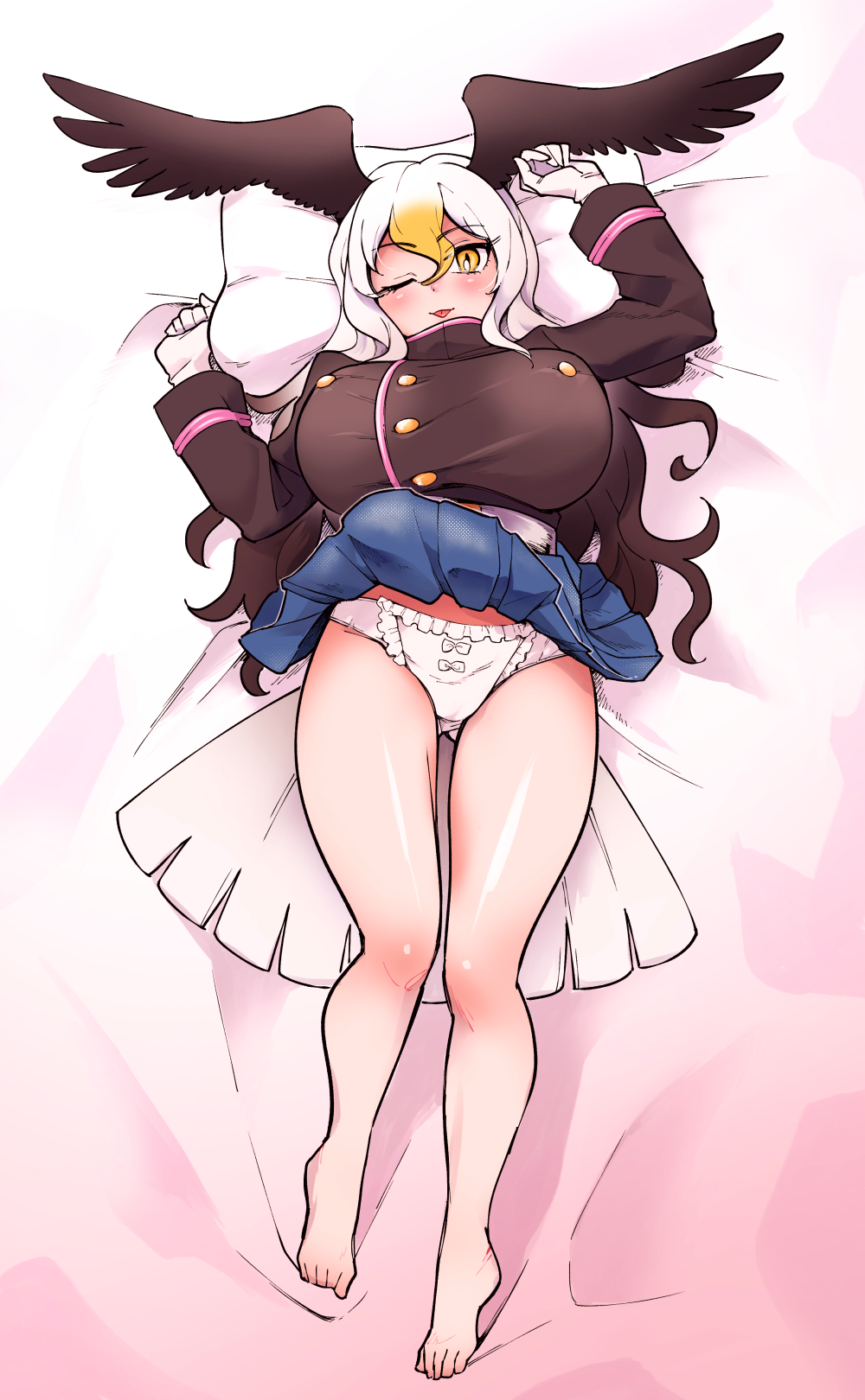 1girl bald_eagle_(kemono_friends) barefoot bed_sheet bird_girl bird_tail bird_wings blue_skirt blush breasts dakimakura_(medium) from_above full_body gakuran highres huge_breasts kemono_friends kemono_friends_3 looking_at_viewer lying no_shoes on_back one_eye_closed panties pleated_skirt school_uniform skirt solo tail thigh_gap underwear white_panties wings yokuko_zaza