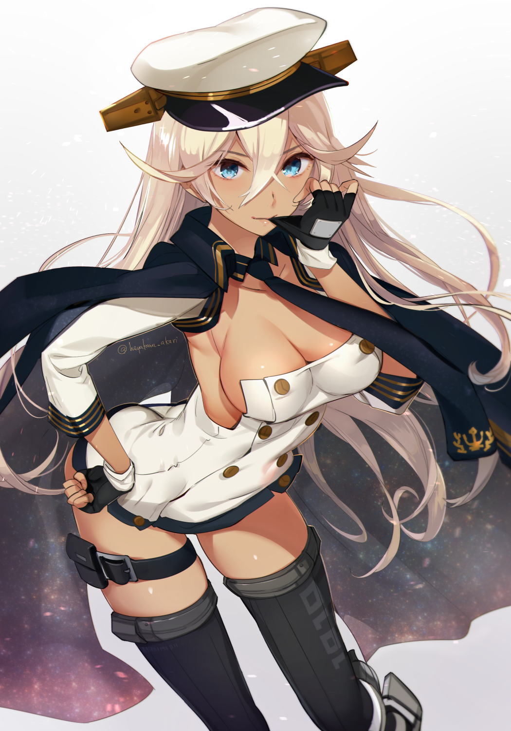 1girl arched_back ass azur_lane black_gloves black_thighhighs blonde_hair blue_eyes breasts buttons cape cleavage commentary_request dark-skinned_female dark_skin detached_collar detached_sleeves double-breasted dress female_focus fingerless_gloves gloves gold_trim gradient_background hair_between_eyes hand_on_own_hip hat hayakawa_akari highres leaning_forward long_hair medium_breasts necktie short_dress sidelocks simple_background solo tennessee_(azur_lane) thigh_strap thighhighs triple_horizontal_stripe very_long_hair white_dress