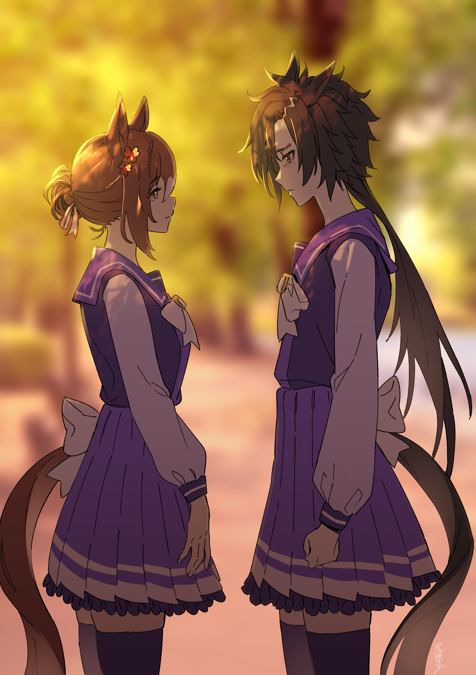 2girls air_shakur_(umamusume) animal_ears black_hair blurry blurry_background bow brown_hair clover_hair_ornament eyebrow_piercing fine_motion_(umamusume) from_side green_eyes hair_between_eyes hair_ornament highres horse_ears horse_girl horse_tail large_bow long_hair long_sleeves looking_at_another matoi_sakuretsu multiple_girls piercing pleated_skirt purple_shirt purple_thighhighs sailor_collar sailor_shirt school_uniform shirt sidelocks signature skirt tail thighhighs tracen_school_uniform umamusume white_bow white_hair yellow_eyes