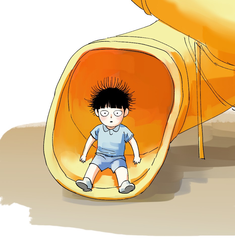 1boy aged_down black_hair blue_shirt blue_shorts closed_mouth confused dot_mouth dubu_mp100 kageyama_shigeo male_focus mob_psycho_100 shirt short_hair shorts sitting slide spiked_hair static_electricity