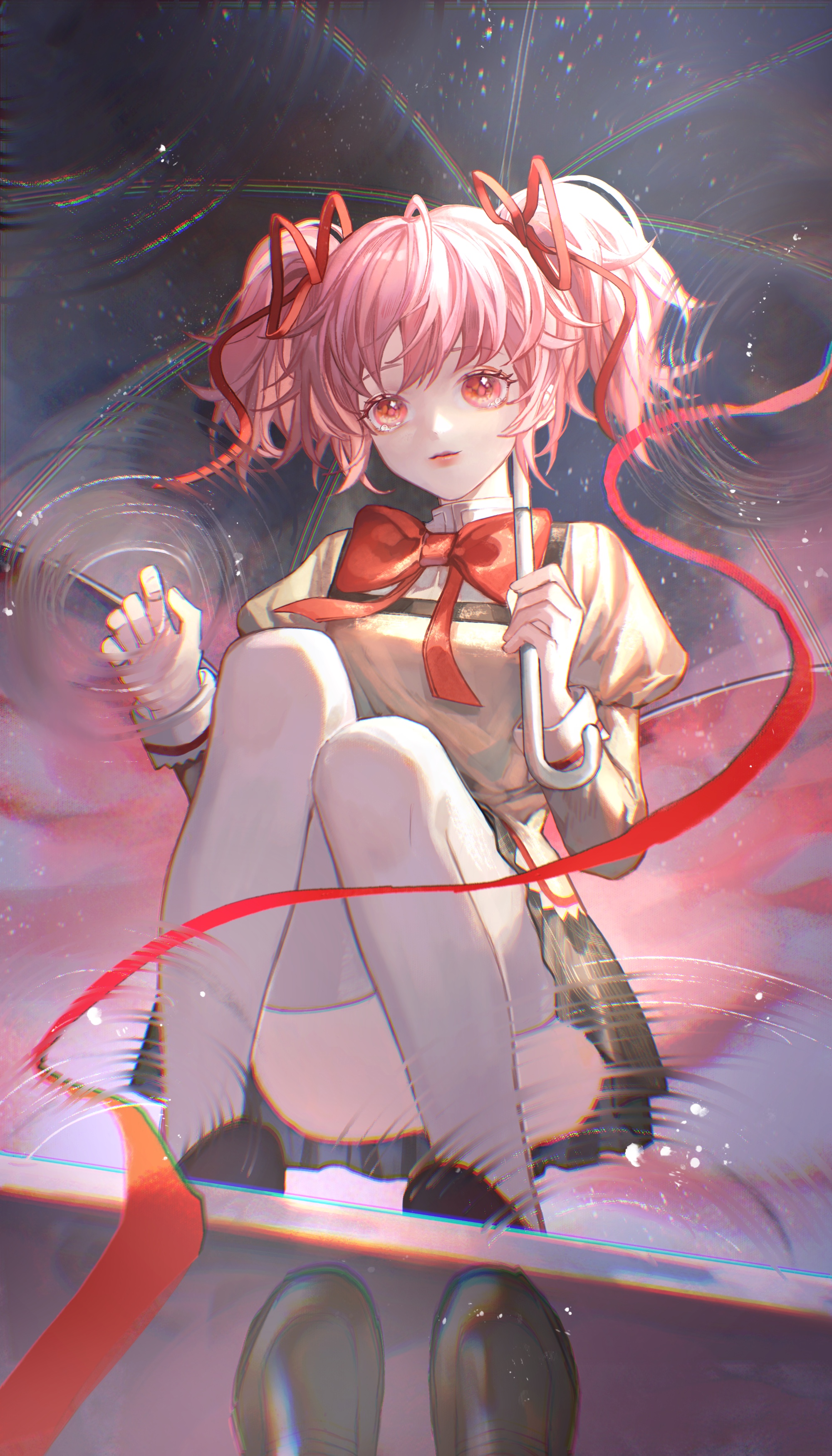 1girl absurdres black_skirt black_umbrella bow bowtie brown_shoes closed_mouth collared_shirt convenient_leg expressionless eyelashes female_pov fingernails full_body hair_ribbon high_collar highres holding holding_umbrella juliet_sleeves kaname_madoka lace lace-trimmed_shirt lace-trimmed_sleeves lace_trim lipstick long_sleeves looking_at_viewer mahou_shoujo_madoka_magica mahou_shoujo_madoka_magica_(anime) makeup miniskirt mitakihara_school_uniform nanhanzi outstretched_hand pink_eyes pink_hair pink_lips pleated_skirt pov puffy_sleeves rain red_bow red_bowtie red_ribbon reflection reflection_focus reflective_water ribbon ripples school_uniform shirt shoes short_hair short_twintails skirt solo thighhighs twintails umbrella umbrella_over_shoulder unworn_ribbon uwabaki white_thighhighs yellow_shirt