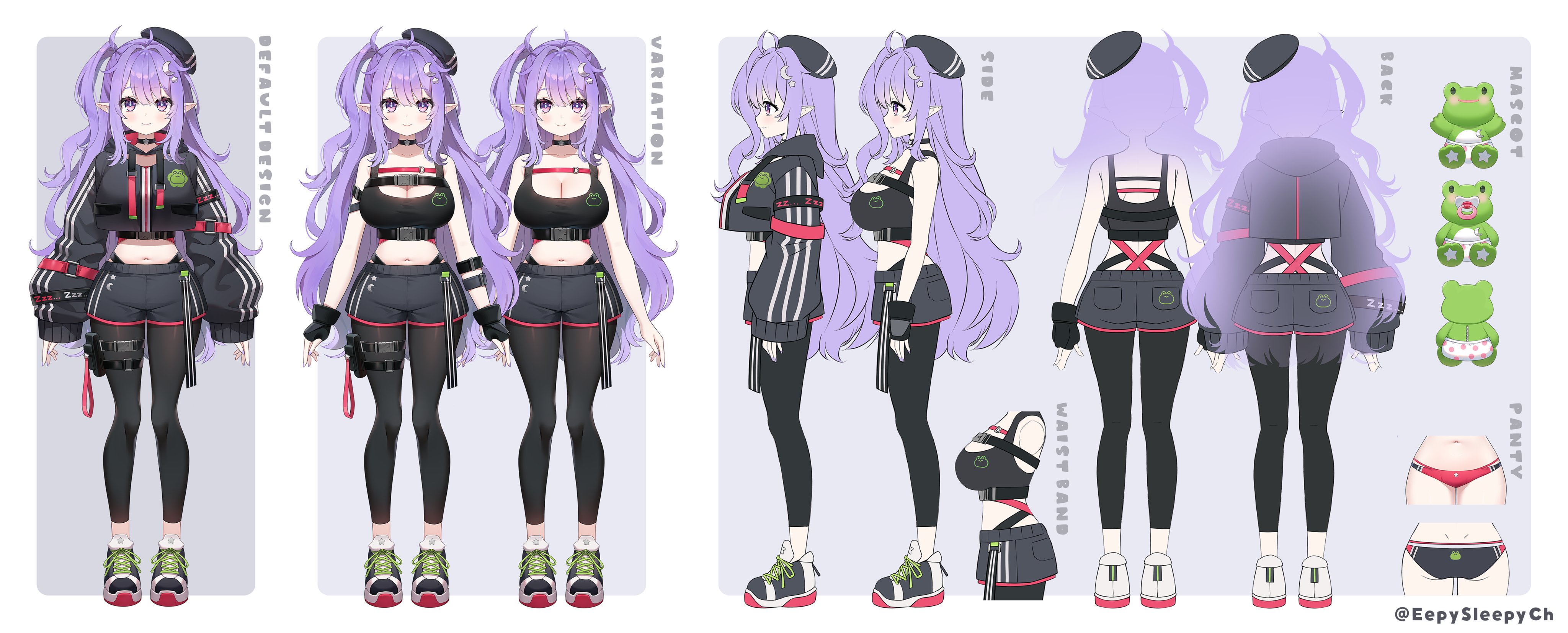 absurdres ahoge ayamy beret black_choker black_hat black_jacket black_leggings black_shoes black_shorts black_tank_top blue_pupils breasts chest_strap choker choppy_bangs cleavage diaper eepy_sleepy_(sleepy_2.0) elf fangs frog hair_ornament hat highres hood hooded_jacket jacket large_breasts leggings long_hair moon_(ornament) official_art pacifier panties phase_connect pointy_ears pouch pout purple_eyes purple_hair shoes shorts side_ponytail sidelocks sleepy_project sleeves_past_wrists smile sneakers star_(symbol) star_hair_ornament stuffed_toy tank_top thigh_pouch thigh_strap underwear wavy_hair