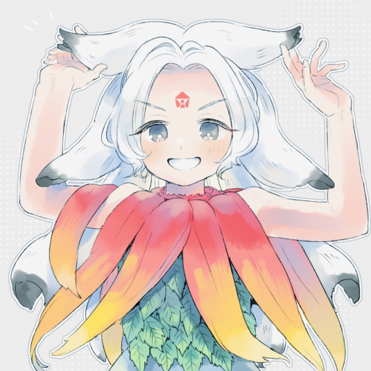 1girl blue_dress commentary_request curtained_hair dress facial_mark feather_necklace forehead_mark forehead_tattoo fossilized_wonders fringe-trimmed_capelet grey_hair grin houjuu_chimi jewelry leaf_clothing leaf_shirt necklace r9nr9 red_leaf sleeveless sleeveless_dress smile solo touhou traditional_media white_hair
