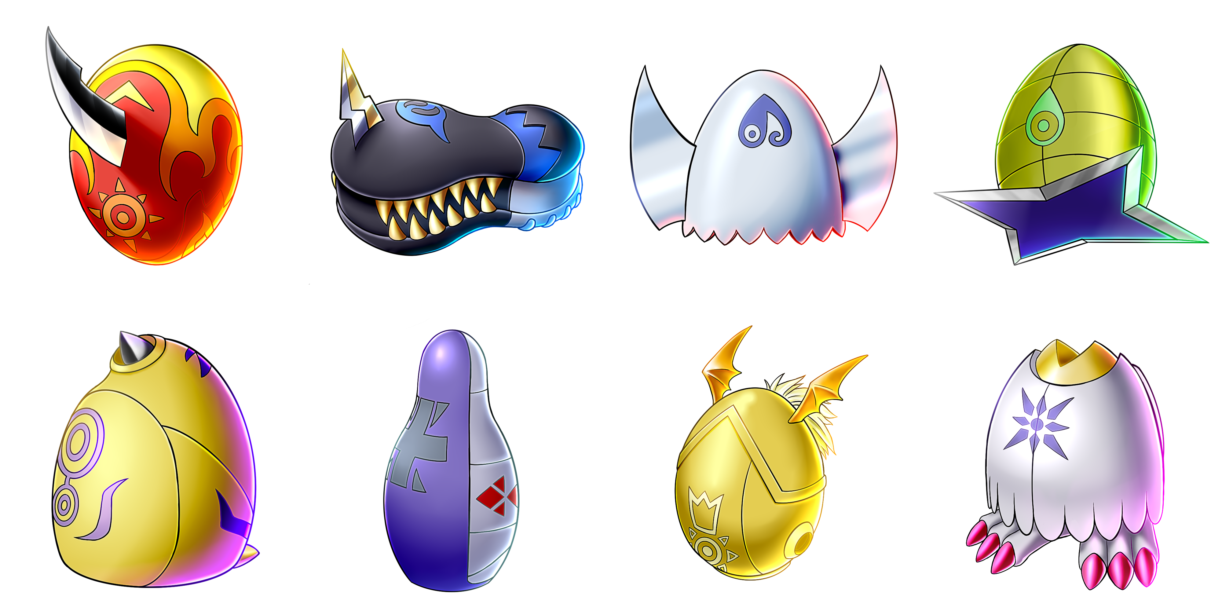 absurdres claws crests_(digimon) digimental digimental_of_courage digimental_of_friendship digimental_of_hope digimental_of_knowledge digimental_of_light digimental_of_love digimental_of_purity digimental_of_sincerity digimon digimon_adventure_02 highres horns no_humans shuriken weapon wings