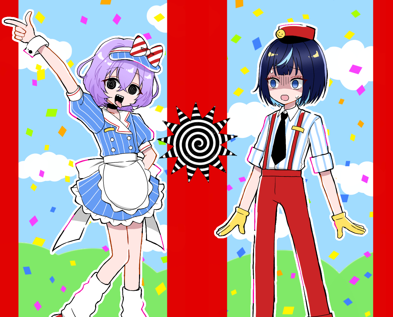 2boys alternate_eye_color apron arm_up arms_at_sides back_bow black_eyes black_hair black_necktie blue_dress blue_eyes blue_hair bow buttons collared_shirt commentary_request confetti cosplay crossdressing dress ensemble_stars! feet_out_of_frame frilled_dress frills gloves hanamura_fuyume hand_on_own_hip hat hat_bow knees_together_feet_apart lapels leg_warmers looking_at_another male_focus medium_hair mesmerizer_(vocaloid) multicolored_background multicolored_hair multiple_boys necktie nervous_sweating no_nose open_hands outline overalls parody pinstripe_dress pinstripe_pattern pinstripe_shirt pointing puffy_short_sleeves puffy_sleeves purple_hair red_bow red_hat red_overalls reira_(reomimi0211) sagiri_esu saturated shirt shirt_tucked_in short_dress short_sleeves sleeves_rolled_up streaked_hair striped_bow surprised sweat three_quarter_view tongue tongue_out trap two-tone_bow vertical-striped_bow visor_cap waist_apron white_bow white_leg_warmers white_outline white_wrist_cuffs wing_collar wrist_cuffs yellow_gloves