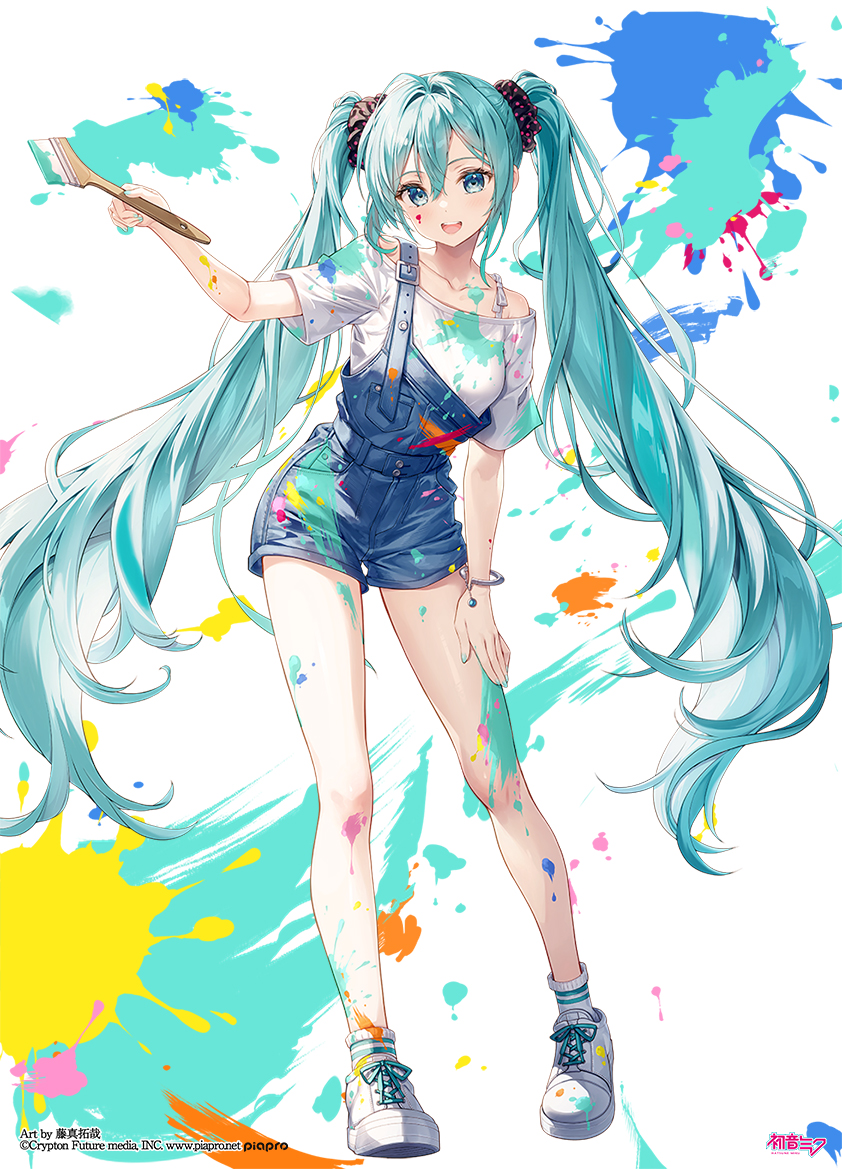 1girl aqua_hair aqua_nails artist_name blue_eyes bracelet collarbone commentary_request copyright_notice denim denim_shorts fujima_takuya full_body hair_between_eyes hair_ornament hair_scrunchie hand_on_own_thigh hatsune_miku holding holding_paintbrush jewelry long_hair looking_at_viewer nail_polish off-shoulder_shirt off_shoulder official_art open_mouth paint_on_body paint_on_clothes paint_splatter paintbrush piapro_studio scrunchie shirt shoes shorts single_strap sneakers solo standing suspender_shorts suspenders teeth twintails upper_teeth_only very_long_hair vocaloid white_shirt