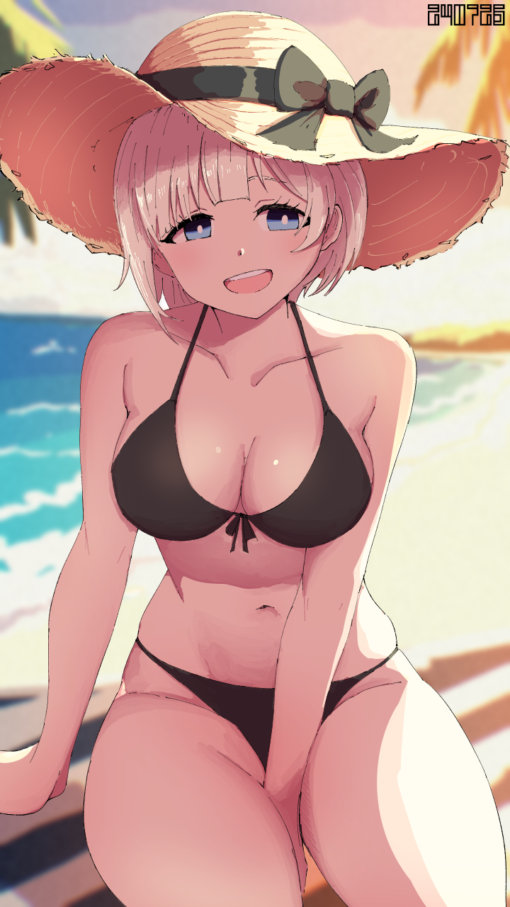 1girl arm_between_legs bikini black_bikini blonde_hair blue_eyes blue_sky breasts brown_hat cleavage cloud commentary_request cowboy_shot day front-tie_bikini_top front-tie_top hat highres idolmaster idolmaster_starlit_season koitusmile medium_breasts navel okuzora_kohaku outdoors short_hair sky smile solo sun_hat swimsuit