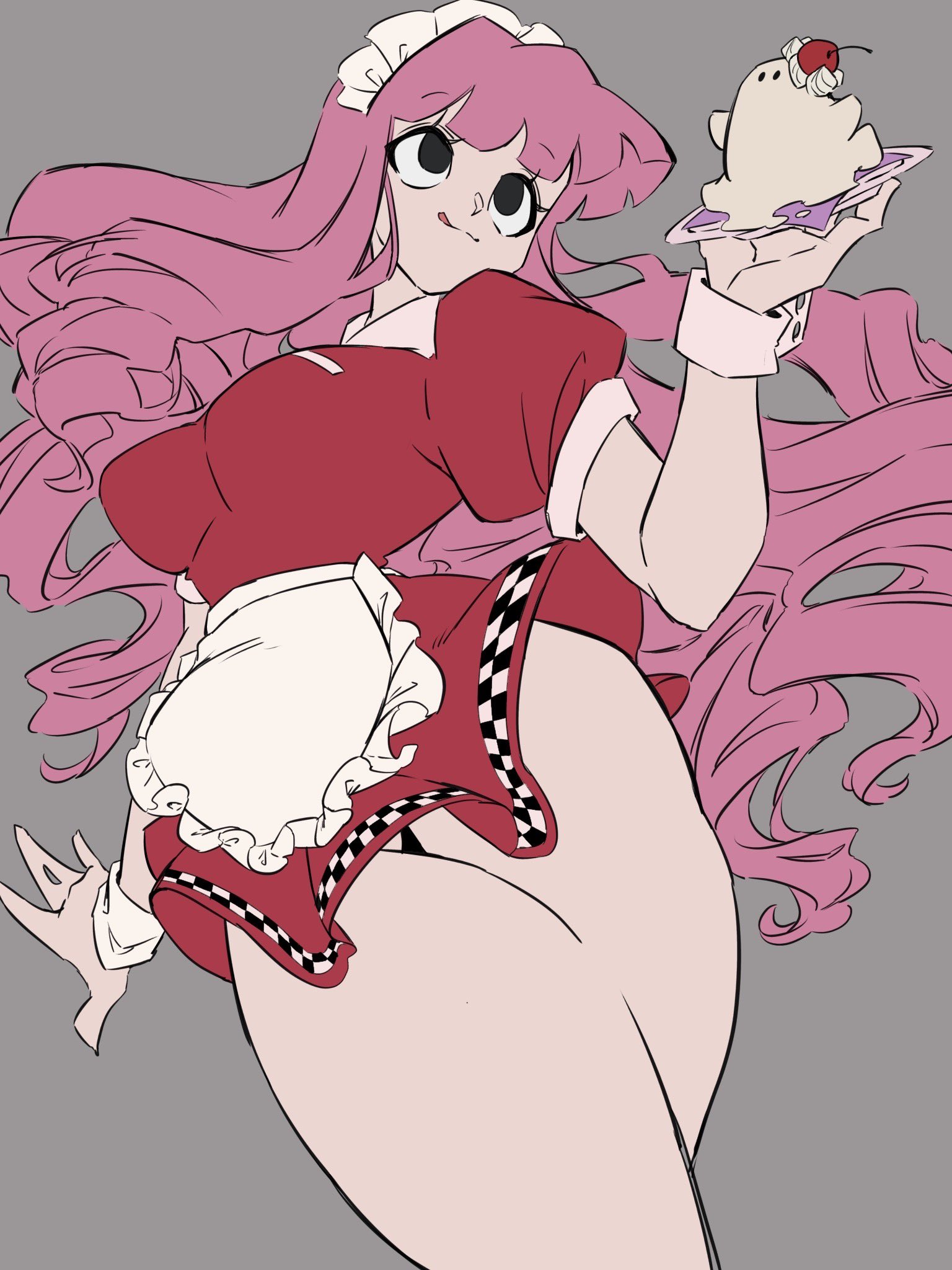 black_panties breasts dress highres kanikanipan3740 large_breasts one_piece panties perona short_dress tagme thick_thighs thighs underwear upskirt waitress waitress_uniform