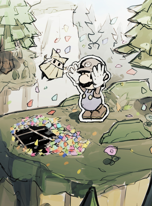 1boy 1girl big_nose black_eyes blonde_hair blue_flower blue_overalls boots brown_boots bush newsboy_cap cliff confetti day facial_hair floating flower full_body gloves grey_hat grey_shirt hat hole in-universe_location long_sleeves mario mario_(series) medium_hair mustache nintendo olivia_(paper_mario) origami outdoors outline overalls paper paper_mario paper_mario:_the_origami_king paper_mario_(character) purple_flower rokuyontarou shirt solid_oval_eyes standing throwing tiptoes tree white_gloves white_outline yellow_hat yellow_shirt
