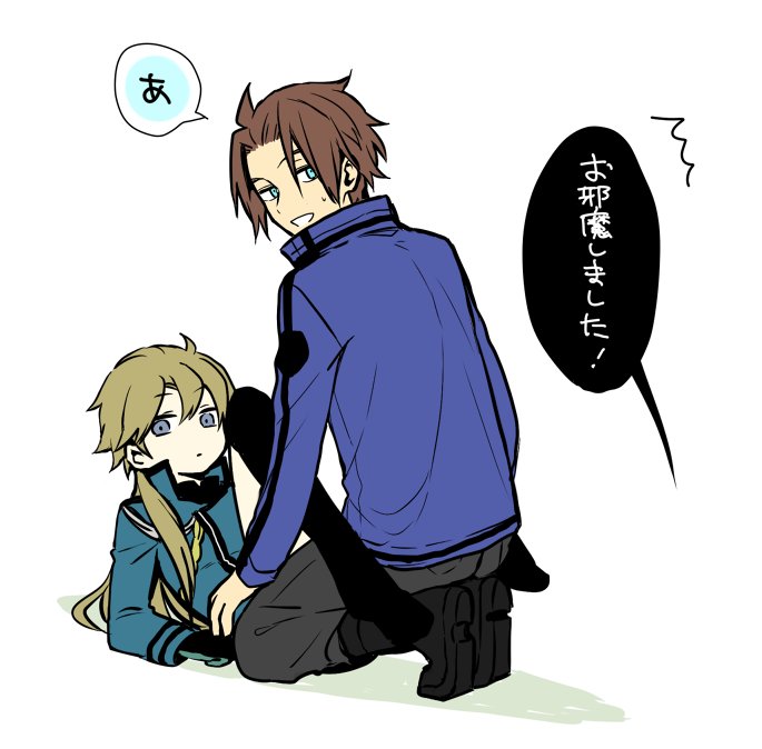 1boy 1girl 7100potechi :d aiguillette between_legs black_footwear black_gloves blue_eyes blue_jacket boots brown_hair genderswap genderswap_(mtf) gloves hair_between_eyes horns hyuse jacket jin_yuuichi knee_boots kneeling knees_up light_brown_hair long_hair long_sleeves looking_at_viewer looking_back open_mouth reclining shoe_soles short_hair simple_background smile sweat uniform white_background world_trigger