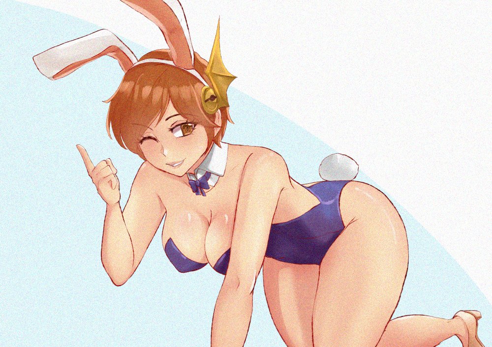 all_fours animal_ears arm_up ass bow bowtie breasts brown_eyes brown_hair cleavage detached_collar eyelashes eyeshadow fake_animal_ears hair_ornament high_heels kneeling large_breasts legs leotard lips lipstick long_bangs makeup medium_hair nene nene_(sengoku_musou) nintendo one_eye_closed parted_lips playboy_bunny pokemon pokemon_conquest rinku_bny sengoku_musou shiny_skin swept_bangs teeth thick_thighs thighs wide_hips wink