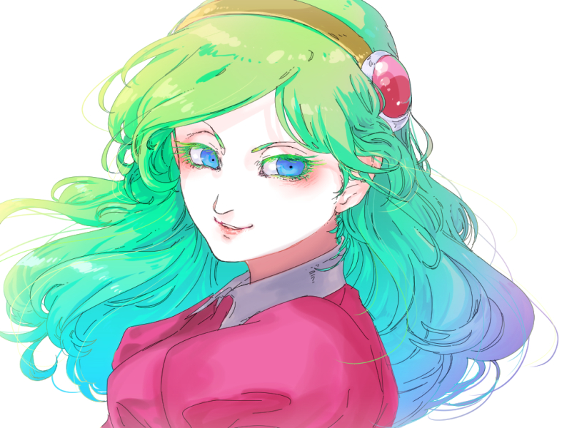 10s 1girl blue_eyes brianne_de_chateau colored_eyelashes dragon_ball dragon_ball_super female_focus green_hair hairband long_hair simple_background solo teeth white_background yoruume