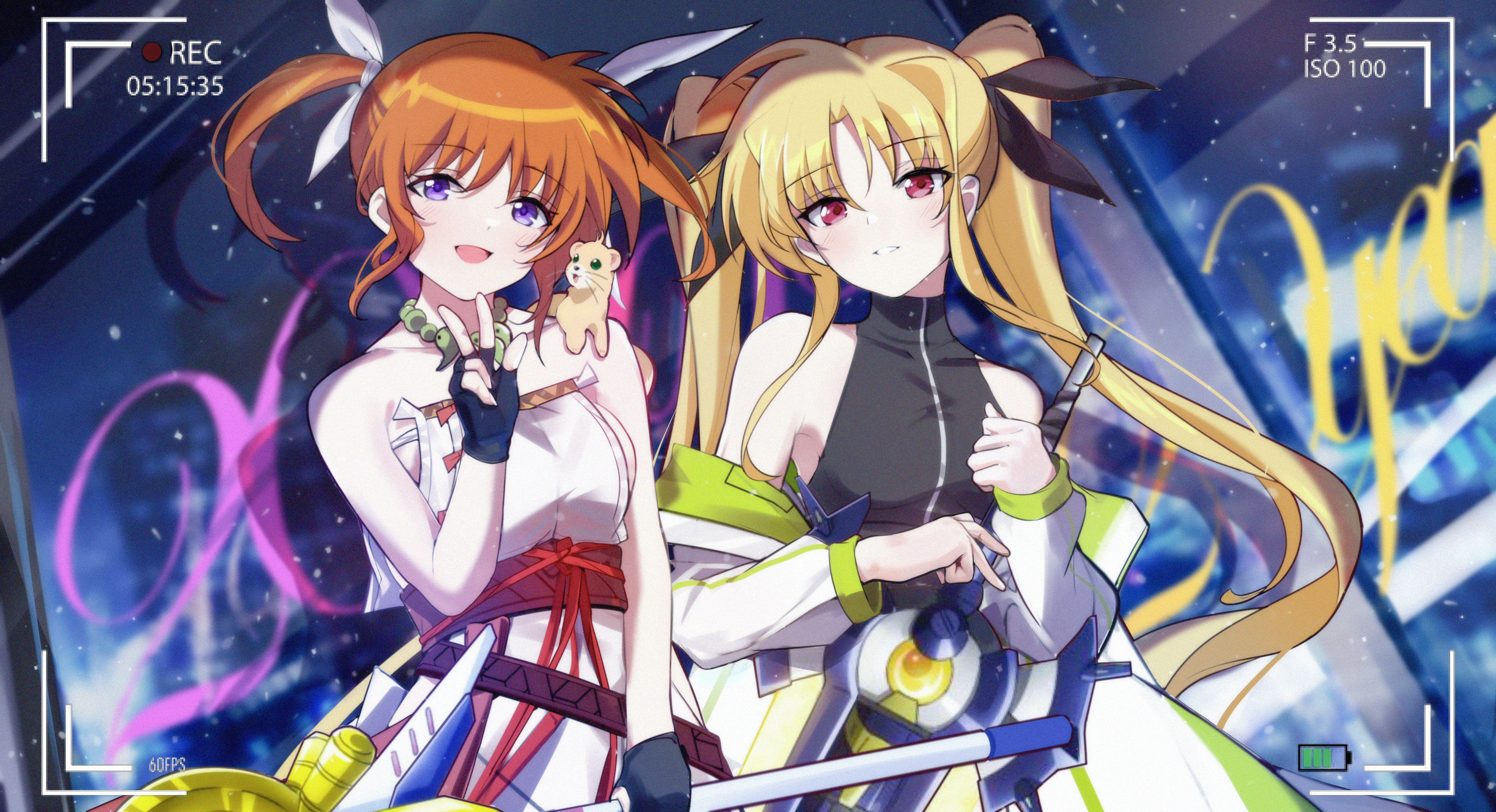 2girls absurdres bardiche_(nanoha) bardiche_(straight_saber_form)_(nanoha) bare_shoulders blonde_hair blush brown_hair changpan_hutao coat cosplay fate/grand_order fate_(series) fate_testarossa fingerless_gloves gloves hair_ribbon highres himiko_(fate) himiko_(fate)_(cosplay) himiko_(first_ascension)_(fate) holding jewelry long_hair long_sleeves looking_at_viewer lyrical_nanoha magical_girl mahou_shoujo_lyrical_nanoha mahou_shoujo_lyrical_nanoha_reflection mizuki_nana multiple_girls nagao_kagetora_(fate) necklace obi off_shoulder open_mouth purple_eyes raising_heart raising_heart_(device_mode)_(1st) red_eyes ribbon sash smile takamachi_nanoha tamura_yukari teeth twintails uesugi_kenshin_(fate) uesugi_kenshin_(fate)_(cosplay) uesugi_kenshin_(second_ascension)_(fate) v very_long_hair voice_actor_connection yuuno_scrya