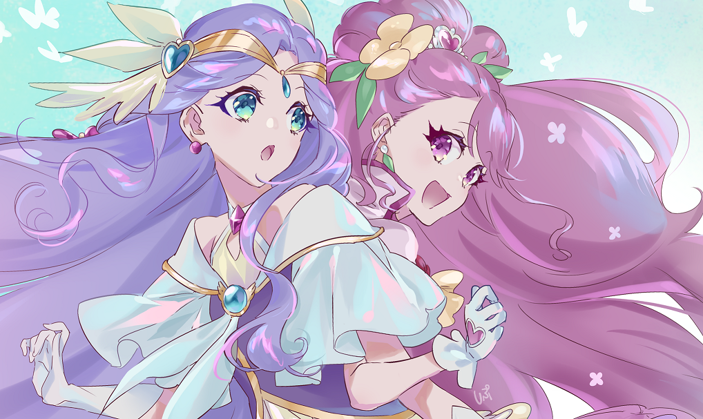 2girls :d :o back-to-back blue_eyes cure_earth cure_grace earrings floating_hair flower fuurin_asumi gloves hair_flower hair_ornament hanadera_nodoka healin&#039;_good_precure jewelry long_hair looking_back multiple_girls open_mouth pink_hair precure purple_hair red_eyes shipu_(gassyumaron) smile upper_body very_long_hair white_gloves yellow_flower