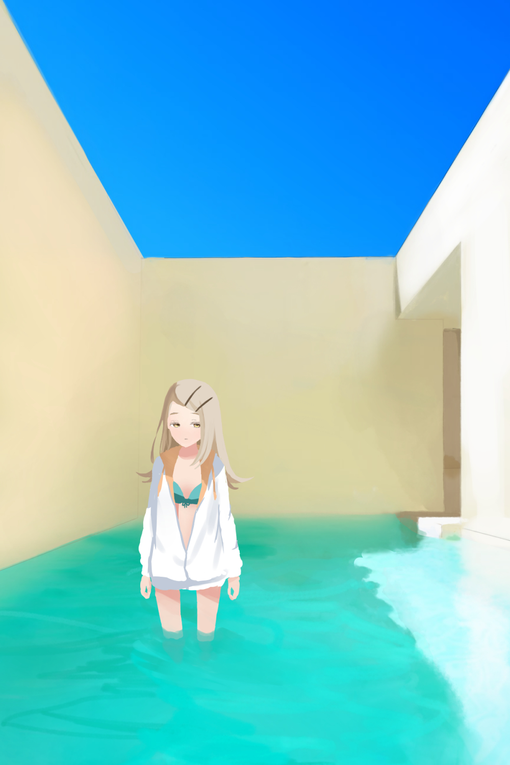 1girl arms_at_sides bikini blonde_hair blue_sky dream_pool expressionless flat_chest gakuen_idolmaster green_bikini hair_ornament hairclip highres idolmaster jacket kimi_to_semi_blue_(idolmaster) liminal_space long_hair looking_to_the_side multicolored_jacket no_lineart partially_unzipped pool shinosawa_hiro sky slime_kouhai solo standing swimsuit wading white_jacket wide_shot yellow_eyes