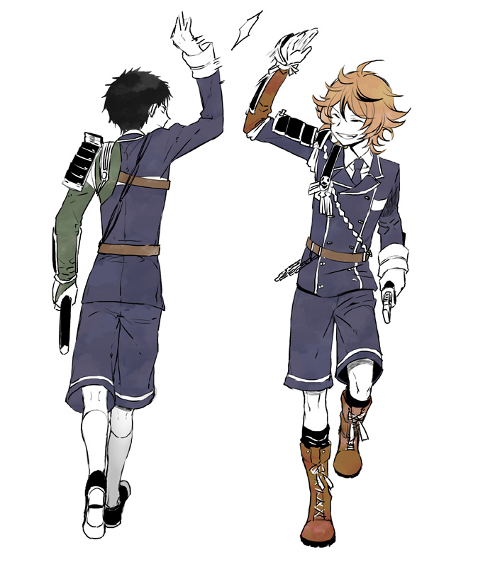 10s 2boys ^_^ armor atsushi_toushirou black_hair boots brown_hair closed_eyes gotou_toushirou grin high_five japanese_armor kuronomine lace-up_boots male_focus military military_uniform multiple_boys necktie shorts shoulder_armor smile sode touken_ranbu