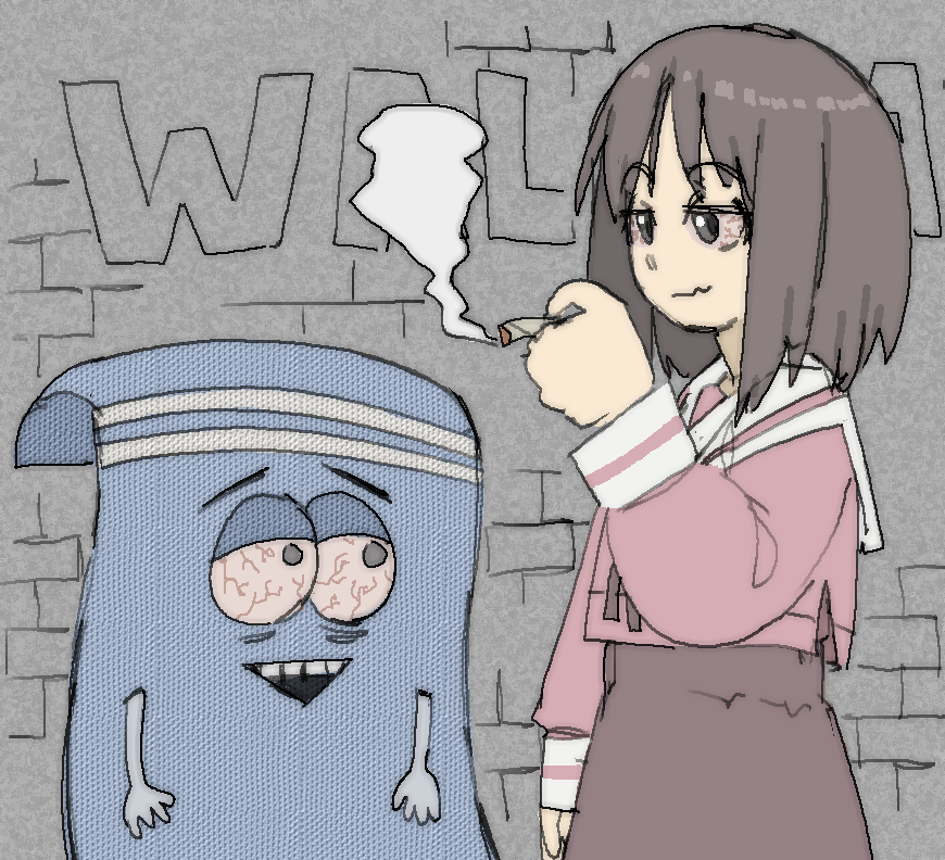 1girl arm_at_side azumanga_daioh&#039;s_school_uniform azumanga_daiou bags_under_eyes black_skirt bloodshot_eyes brick_wall brown_hair cigarette crossover drugs english_text eyebrows from_side half-closed_eyes holding holding_cigarette jitome kasuga_ayumu long_sleeves looking_at_another looking_to_the_side looking_up marijuana neckerchief open_mouth outdoors pantsu-ripper parody pink_serafuku pink_shirt school_uniform serafuku shirt short_hair simple_background skirt smoke smoke_trail smoking south_park standing stoned straight-on teeth towel towelie trait_connection upper_teeth_only wavy_mouth white_neckerchief