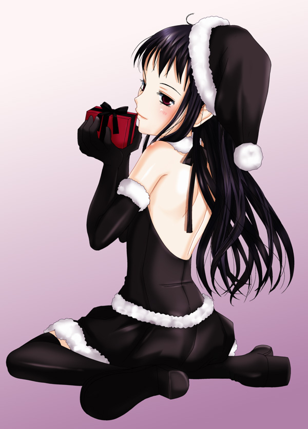 1girl ar_tonelico ar_tonelico_ii black_gloves black_hair black_santa_costume black_theme blush christmas elbow_gloves female_focus gift gloves hat holding holding_gift inumori_sayaka jakuri_(ar_tonelico) long_hair santa_costume santa_hat sitting solo thighhighs wariza zettai_ryouiki
