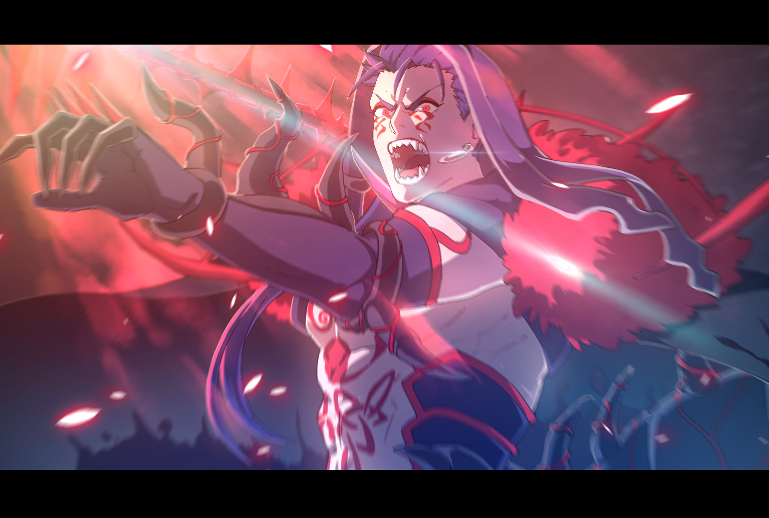 1boy abs black_gloves blue_hair blue_hood commentary_request cu_chulainn_(fate) cu_chulainn_alter_(fate) detached_hood earrings elbow_gloves fangs fate/grand_order fate_(series) fur_trim furrowed_brow gloves jewelry large_pectorals lens_flare letterboxed male_focus muscular muscular_male pectorals red_eyes sharp_teeth solo spiked_tail tail teeth upper_body v-shaped_eyebrows yanoooh