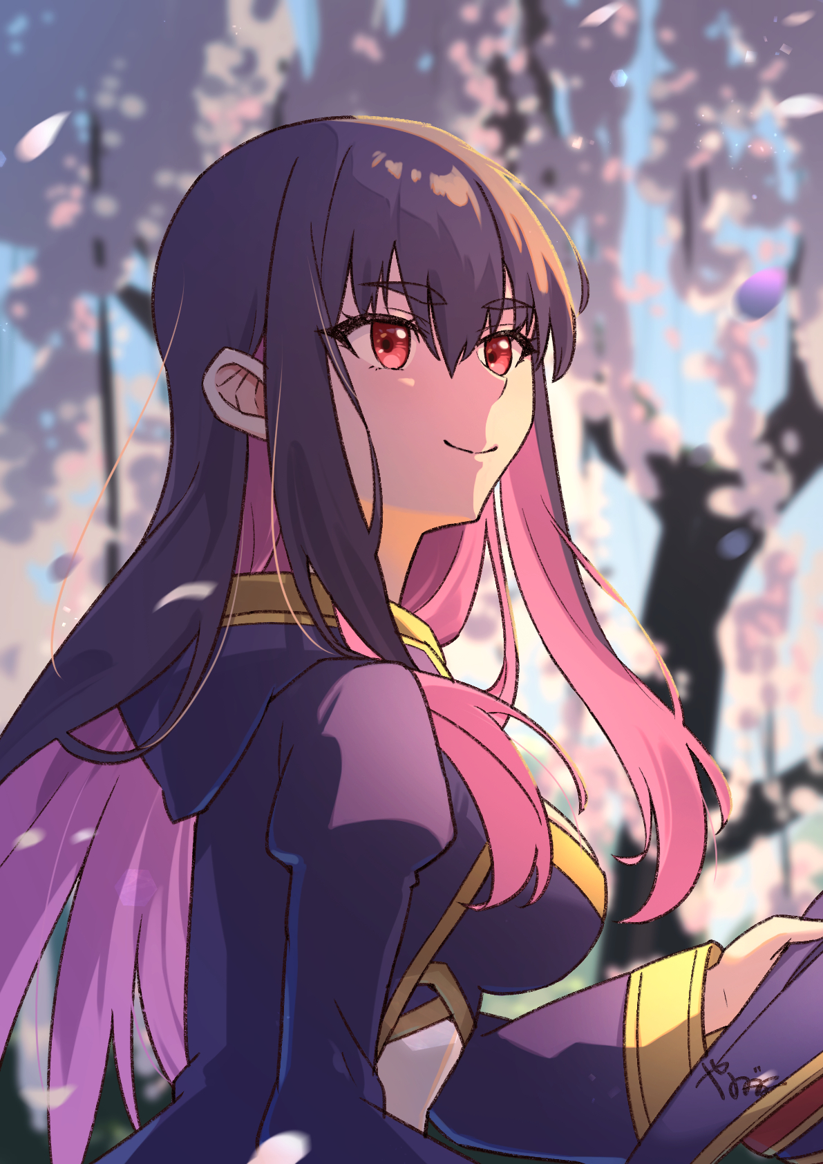 1girl black_coat black_hair black_hat blurry blurry_background breasts coat commentary_request hat highres hood hooded_coat idola_avorn large_breasts long_hair purple_eyes purple_hair sentai_red_ga_isekai_de_boukensha_ni_naru solo upper_body witch_hat yanagimachi