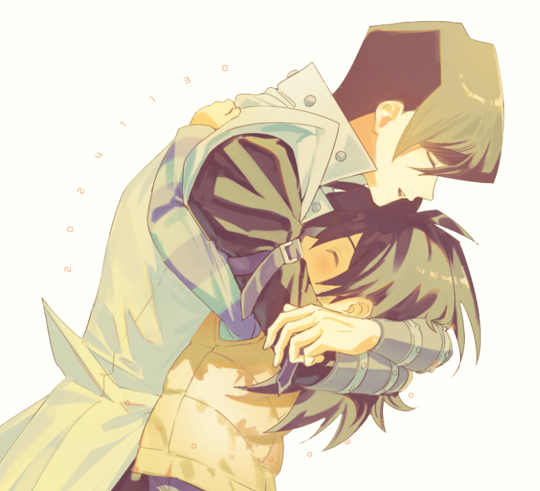 2boys arm_belt black_hair black_pants black_shirt blue_shirt brothers brown_hair brown_vest closed_eyes coat commentary_request dated from_side height_difference high_collar hug kaiba_mokuba kaiba_seto light_blush light_smile long_hair long_sleeves male_focus moemoenomori multiple_boys open_mouth pants shirt short_hair siblings simple_background sleeveless sleeveless_coat striped_clothes striped_shirt upper_body vambraces vest white_background white_coat yu-gi-oh! yu-gi-oh!_duel_monsters
