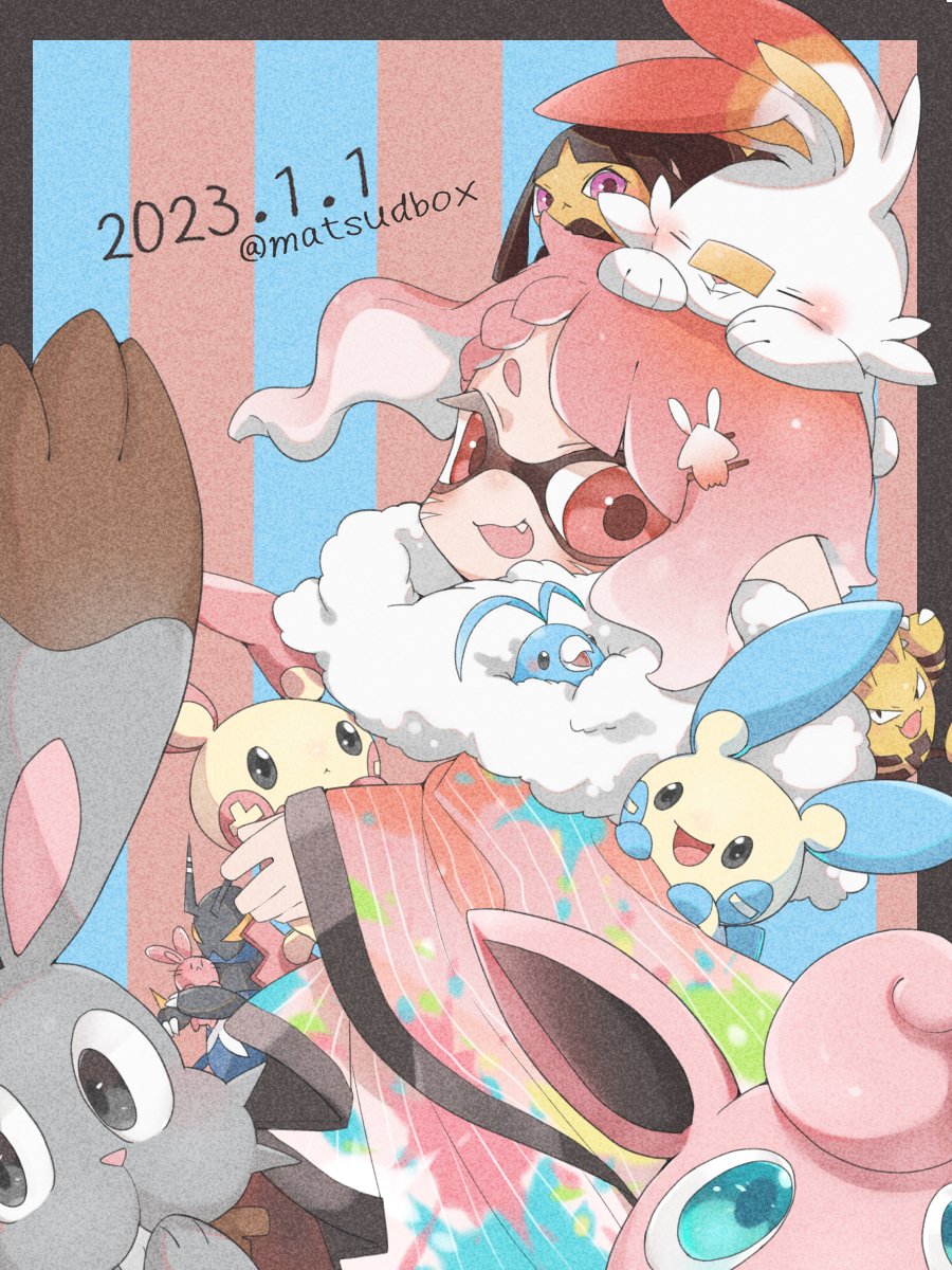 1girl 2023 :3 artist_name blue_background border braid braided_bangs brown_border bunnelby commentary_request crossover dated elekid fang fur-trimmed_kimono fur_trim gen_1_pokemon gen_2_pokemon gen_3_pokemon gen_6_pokemon gen_8_pokemon highres holding holding_pokemon inkling inkling_girl inkling_player_character japanese_clothes kimono lokix long_sleeves looking_at_viewer matsushita_(matsudbox) mawile minun nintendo no_nose on_head open_mouth pink_background pink_hair pink_kimono plusle pointy_ears pokemon pokemon_(creature) pokemon_on_head print_kimono red_eyes scorbunny short_hair smile splatoon_(series) squid_hair_ornament striped_background swablu swept_bangs tentacle_hair wide_sleeves wigglytuff