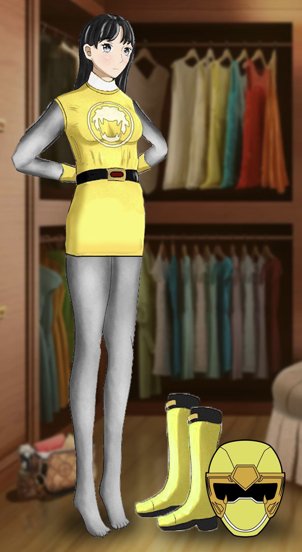 1girl adjusting_belt avataro_sentai_donbrothers belted_dress black_hair bodystocking bodysuit boots changing_room cosplay dress getting_dressed grey_eyes helmet highres hurricane_yellow kito_haruka legs ninpuu_sentai_hurricanger short_dress solo super_sentai tight_clothes tight_dress tokusatsu unworn_boots unworn_headwear unworn_helmet