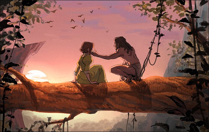 1boy 1girl arm_support barefoot bird brown_hair cloud cloudy_sky commentary_request day disney dress flying hair_over_eyes horizon in_tree jane_porter jungle kneeling leaf looking_at_another masso nature outdoors outstretched_hand pink_sky plant profile puffy_sleeves purple_sky shadow sitting sitting_in_tree sky sun sunset tarzan tarzan_(disney) tree vines yellow_dress