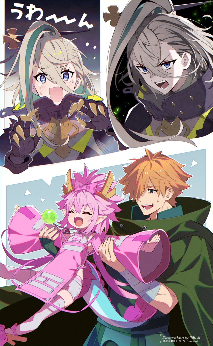 2girls @_@ apron armor blue_eyes blush cape elizabeth_bathory_(fate) fang fangs fate/grand_order fate_(series) green_cape green_hair green_shirt grey_hair hair_ornament hairpin horns huyan_zhuo_(fate) huyan_zhuo_(second_ascension)_(fate) eliza_the_nine-tattooed_dragon_(fate) meiji_ken multiple_girls open_mouth orange_hair pink_apron pink_hair robin_hood_(fate) shirt short_hair