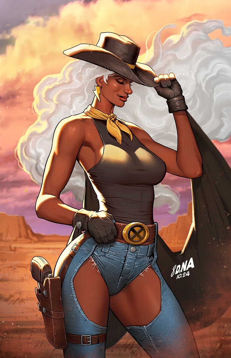 1girl alternate_costume black_gloves black_shirt blue_shorts breasts chaps closed_eyes cowboy_hat cowboy_western dark-skinned_female dark_skin david_nakayama denim denim_shorts earrings gloves gun hat hat_tip highres holster initial jewelry lightning_bolt_earrings lightning_bolt_symbol long_hair marvel medium_breasts messy_hair micro_shorts outdoors shirt shorts sleeveless sleeveless_shirt solo storm_(x-men) very_dark_skin weapon white_hair x-men