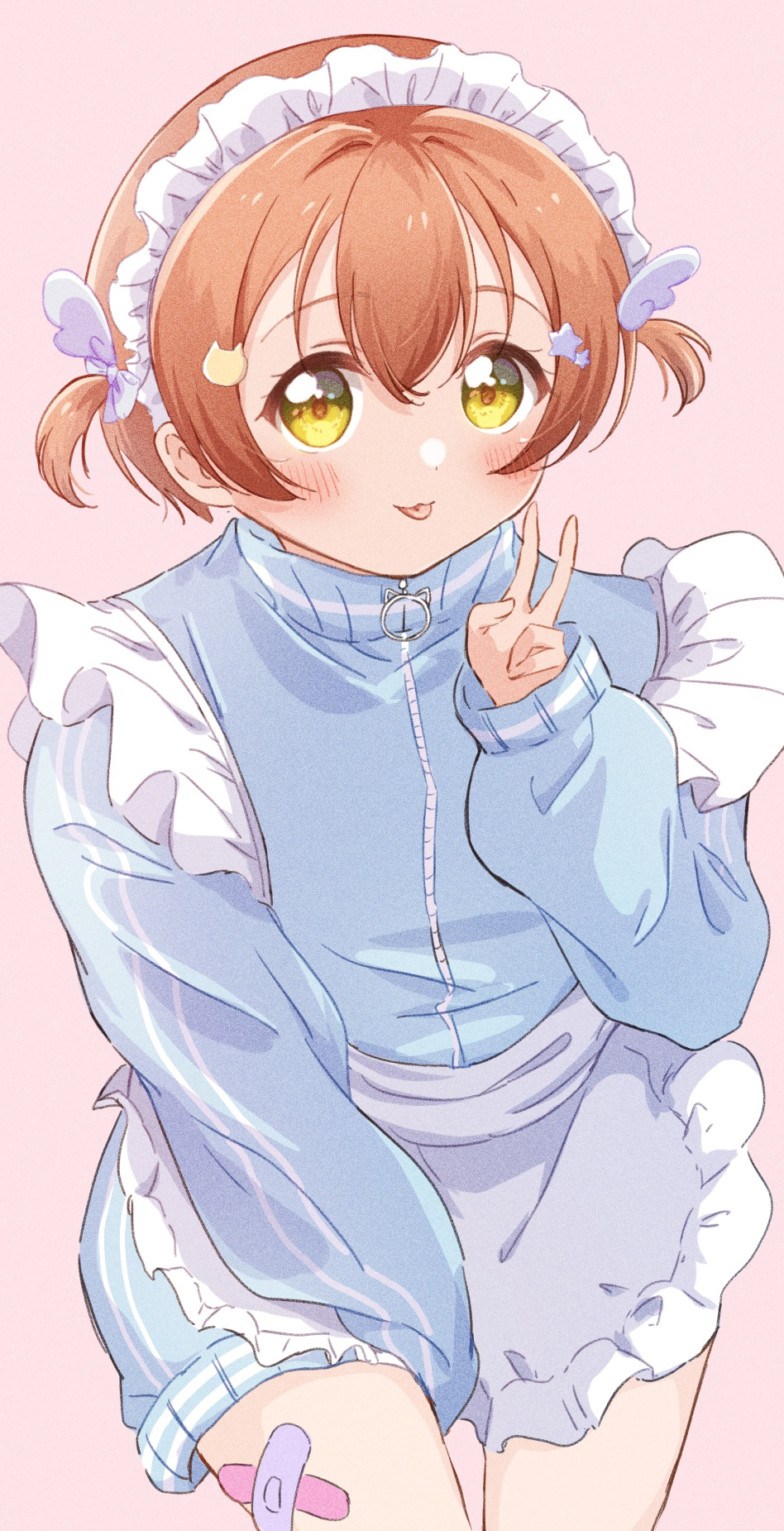 1girl :p apron bandaid_on_thigh blue_track_suit blush cat_hair_ornament cowboy_shot frilled_apron frills hair_ornament hand_up highres hoshizora_rin jersey_maid long_sleeves looking_at_viewer love_live! love_live!_school_idol_project maid maid_headdress orange_hair osono_(osonokichi) pink_background short_hair short_twintails simple_background solo star_(symbol) star_hair_ornament tongue tongue_out track_suit twintails unconventional_maid v waist_apron white_apron white_headdress yellow_eyes
