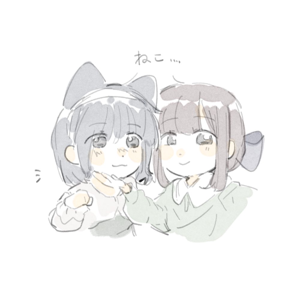 2girls :3 animal_ears animification black_hair blush bow brown_hair cat_ears closed_mouth commentary cropped_torso green_shirt hair_bow hand_on_another&#039;s_chin kemonomimi_mode long_sleeves looking_at_viewer multiple_girls pale_color paw_pose real_life sakurai_hina shirt short_hair sidelocks simple_background smile symbol-only_commentary takao_kanon voice_actor white_background white_shirt woodonly
