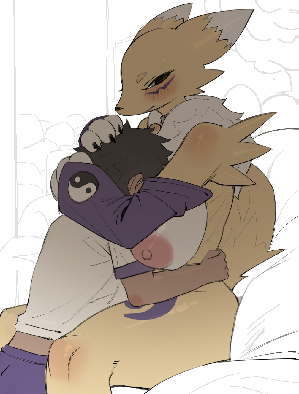 1boy 1girl alternate_breast_size_(larger) animal_ears animal_nose arms_around_neck black_sclera blue_eyes body_fur breasts colored_sclera digimon digimon_(creature) facial_mark fox_ears fox_girl fox_tail furry furry_female hand_on_another&#039;s_head highres hug huge_breasts neck_fur nipples purple_sleeves renamon snout solo_focus tail two-tone_fur white_fur yellow_fur yin_yang zhou135627