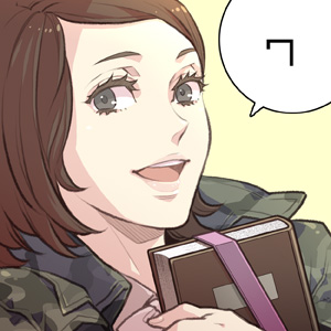 1girl book brown_hair camouflage camouflage_jacket facing_viewer female_focus grey_eyes jacket looking_at_viewer lowres metal_gear_(series) metal_gear_solid_3:_snake_eater para-medic_(mgs3) portrait simple_background smile solo speech_bubble yellow_background