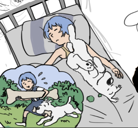 1girl animal ayanami_rei bed blue_hair bone crossover dog lowres milou_(tintin) neon_genesis_evangelion nvi2762 school_uniform short_hair sleeping smile tintin