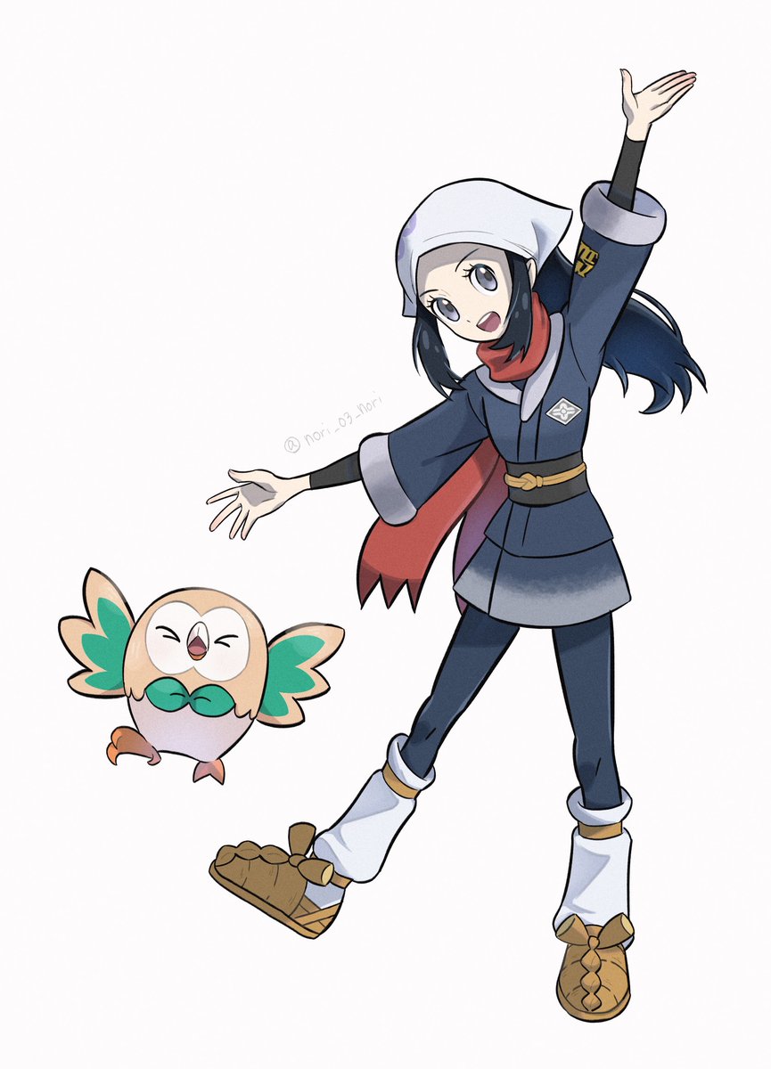 &gt;_&lt; 1girl :d akari_(pokemon) arm_up black_hair black_shirt commentary_request eyelashes full_body gen_7_pokemon grey_eyes grey_jacket grey_skirt headscarf highres jacket logo loose_socks nintendo nori_(hgdm2784) open_mouth pantyhose pokemon pokemon_(creature) pokemon_legends:_arceus ponytail rowlet sash shirt shoes sidelocks simple_background skirt smile socks watermark white_background white_headscarf white_headwear
