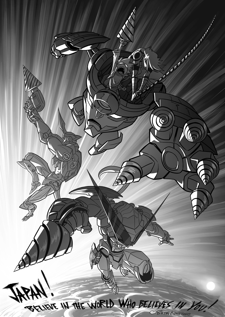00s 2011_tohoku_earthquake_and_tsunami 2boys bryan_konietzko drill english_text gradient_background greyscale gurren kamina_(ttgl) lagann lazengann male_focus mecha monochrome multiple_boys official_art robot simon_(ttgl) sword tengen_toppa_gurren_lagann weapon white_background