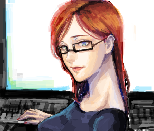1girl barbara_gordon batman_(series) blue_eyes computer dc_comics female_focus glasses keyboard looking_at_viewer monitor nail_polish oracle oracle_(dc) over_shoulder red_hair sitting solo wheelchair