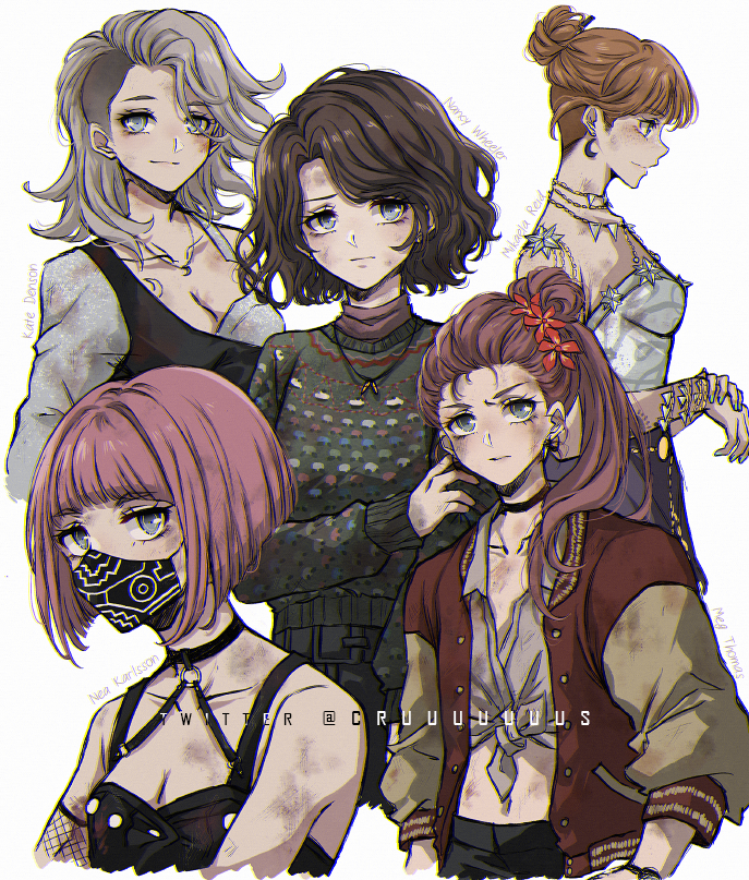 5girls black_mask black_pants black_shirt breasts brown_hair brown_jacket brown_sweater cleavage criis-chan dead_by_daylight detached_sleeves flower freckles grey_hair hair_flower hair_ornament jacket jewelry kate_denson large_breasts long_hair mask medium_breasts medium_hair meg_thomas mikaela_reid mouth_mask multicolored_jacket multiple_girls nancy_wheeler nea_karlsson necklace o-ring open_clothes open_jacket pants pink_hair ponytail red_flower red_jacket shirt short_hair simple_background single_bare_shoulder smile sweater two-tone_jacket white_background