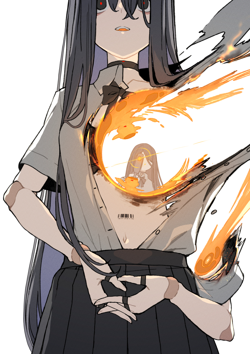 2girls aiming aiming_at_viewer amputee android barcode black_eyes black_hair black_skirt choker commentary_request damaged firing gun handgun highres long_hair molten_metal multiple_girls original own_hands_clasped own_hands_together severed_arm severed_limb shirt skirt teeth upper_teeth_only very_long_hair weapon white_shirt zenmaibook