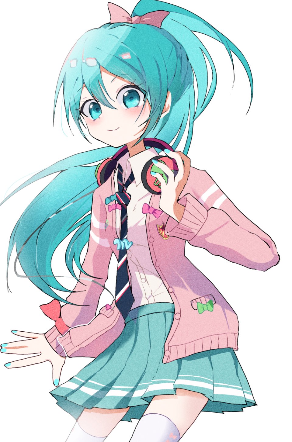 1girl alternate_costume aqua_eyes aqua_hair aqua_nails aqua_skirt buttons fingernails g1gigi_0918 hatsune_miku hatsune_miku_(ribbon_girl) headphones headphones_around_neck highres light_blush looking_at_viewer necktie pink_sweater pleated_skirt ponytail project_diva_(series) shirt simple_background skirt smile solo sweater thighhighs vocaloid white_background white_shirt white_thighhighs